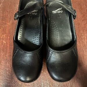 Dansko Black Leather Mary Jane Clogs with Strap